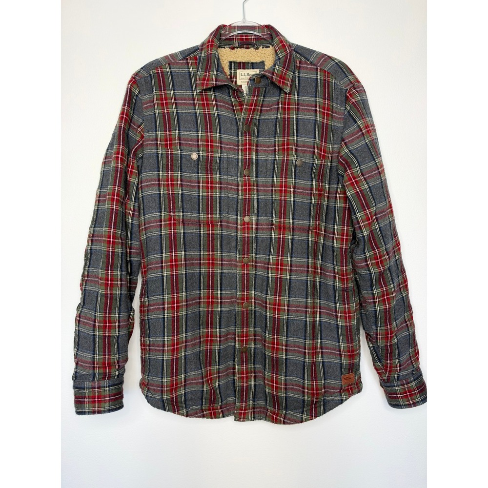 LL Bean Flannel Shirt Jacket Small Gray Red Plaid Sherpa Lined Slightly Fitted
